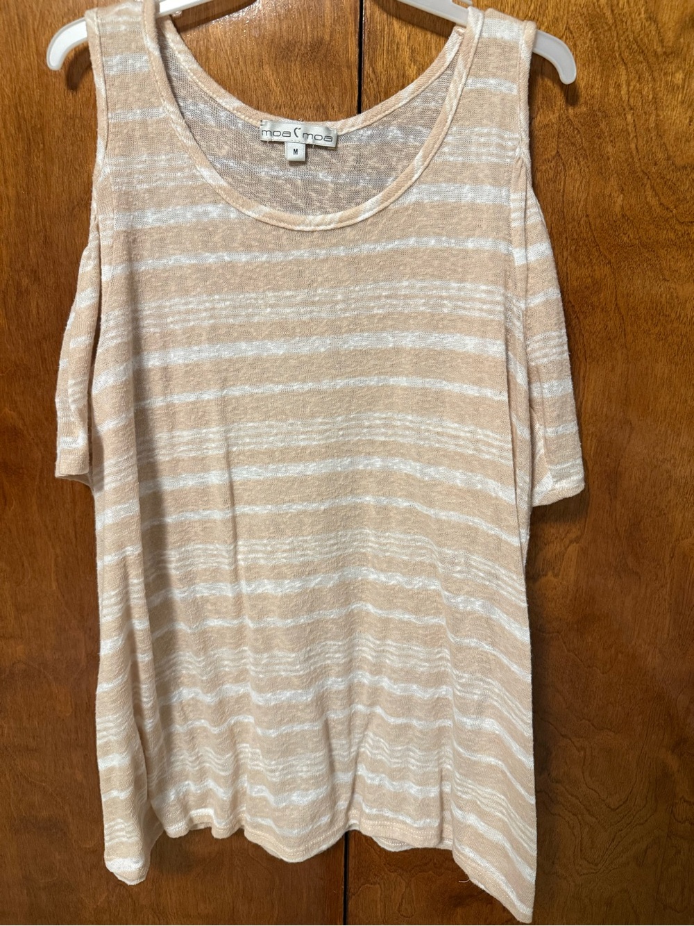 Moa Moa Beige and White Striped Cold-Shoulder Short Sleeve Tee